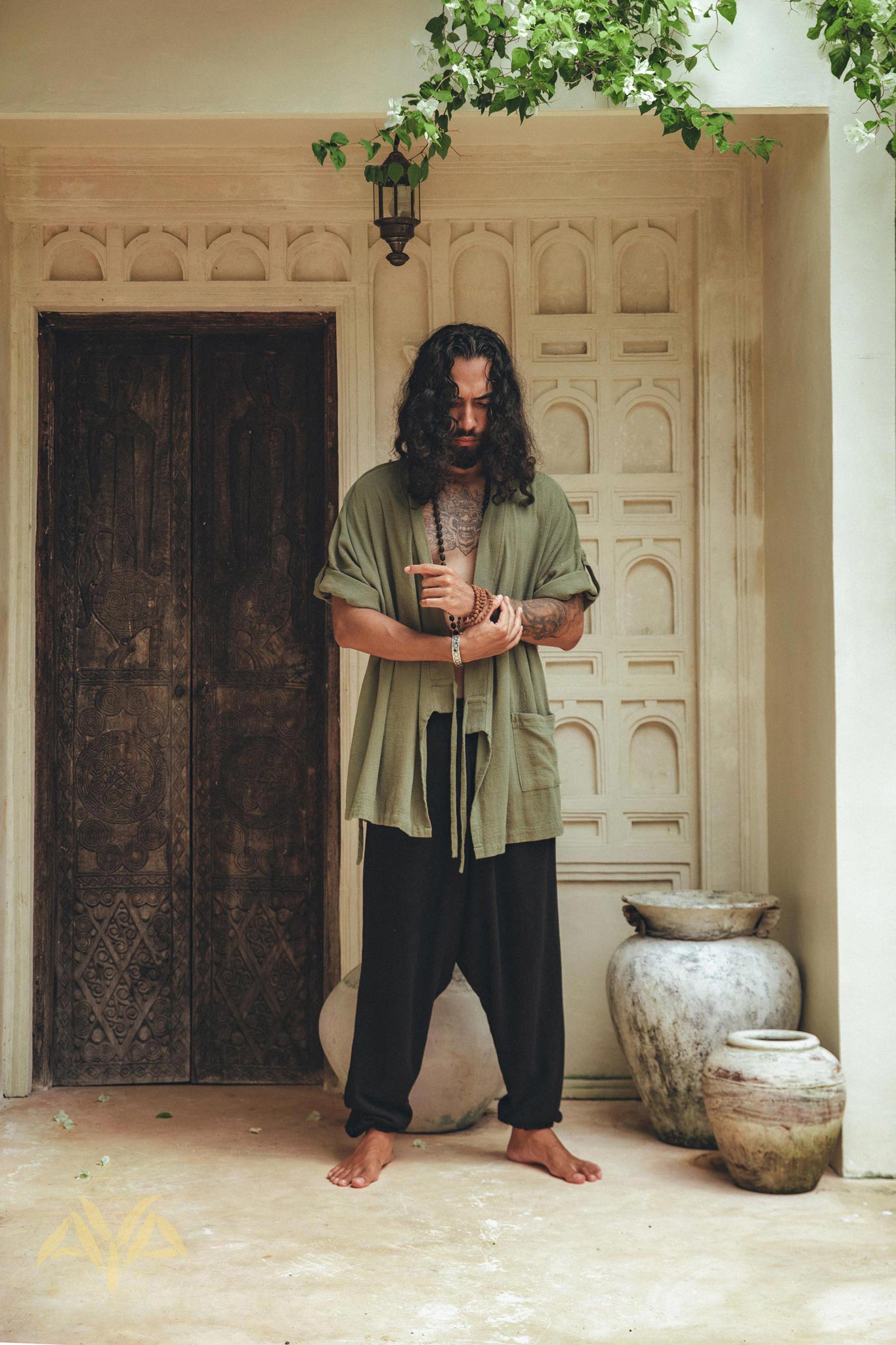 Sage Green Tribal Kimono Robe for Men - AYA SW IDR