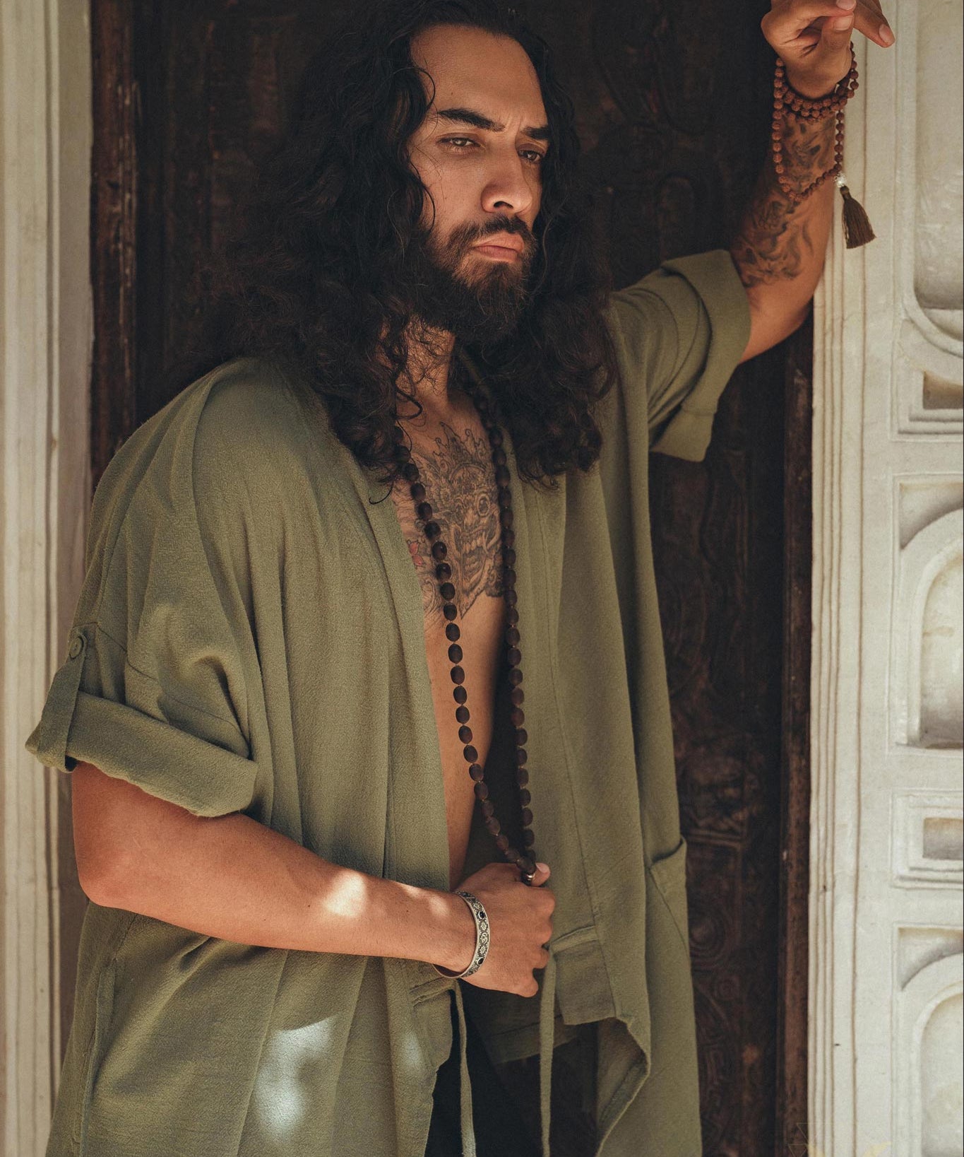 Sage Green Tribal Kimono Robe for Men - AYA SW IDR
