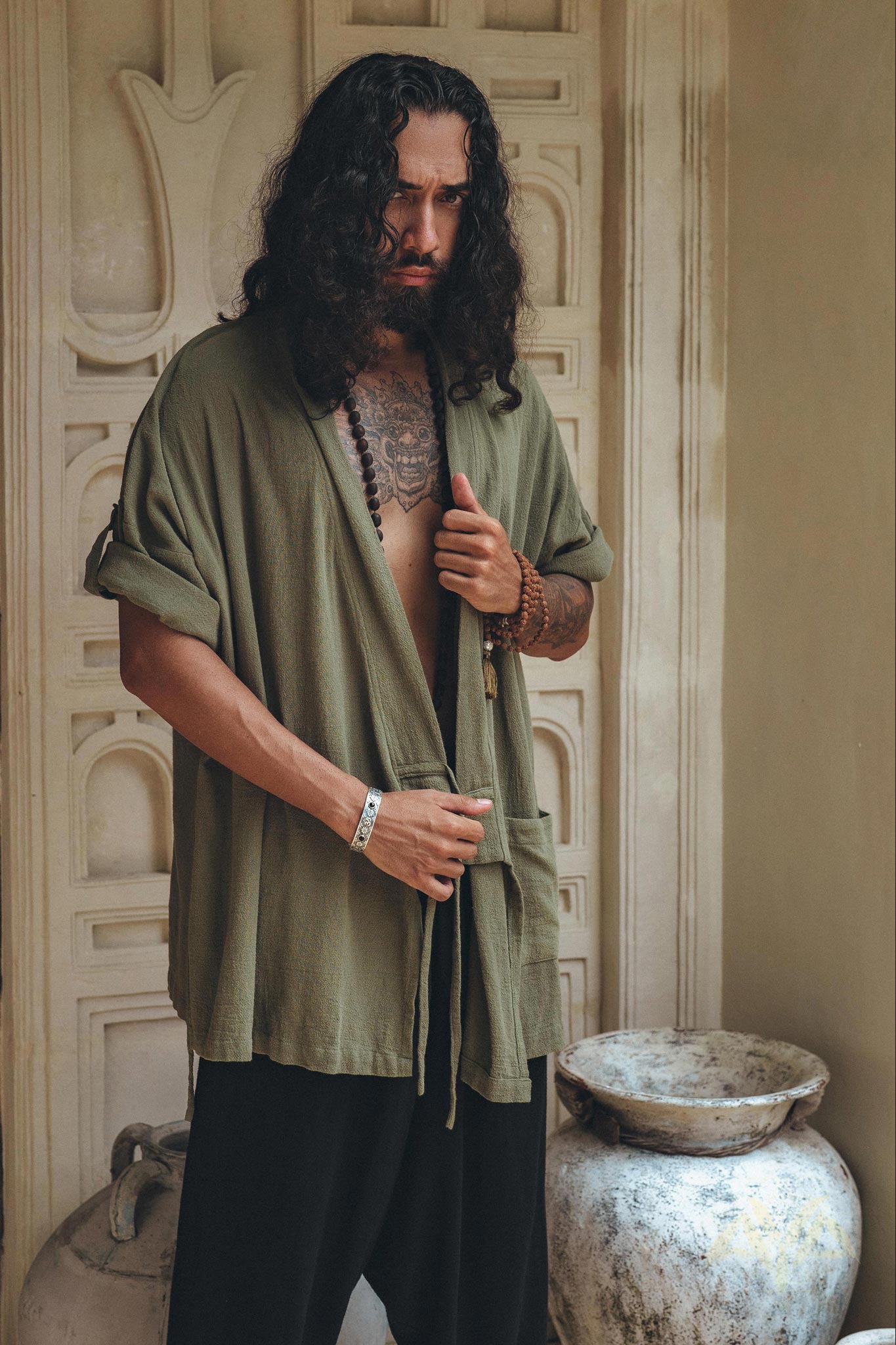 Sage Green Tribal Kimono Robe for Men - AYA SW IDR