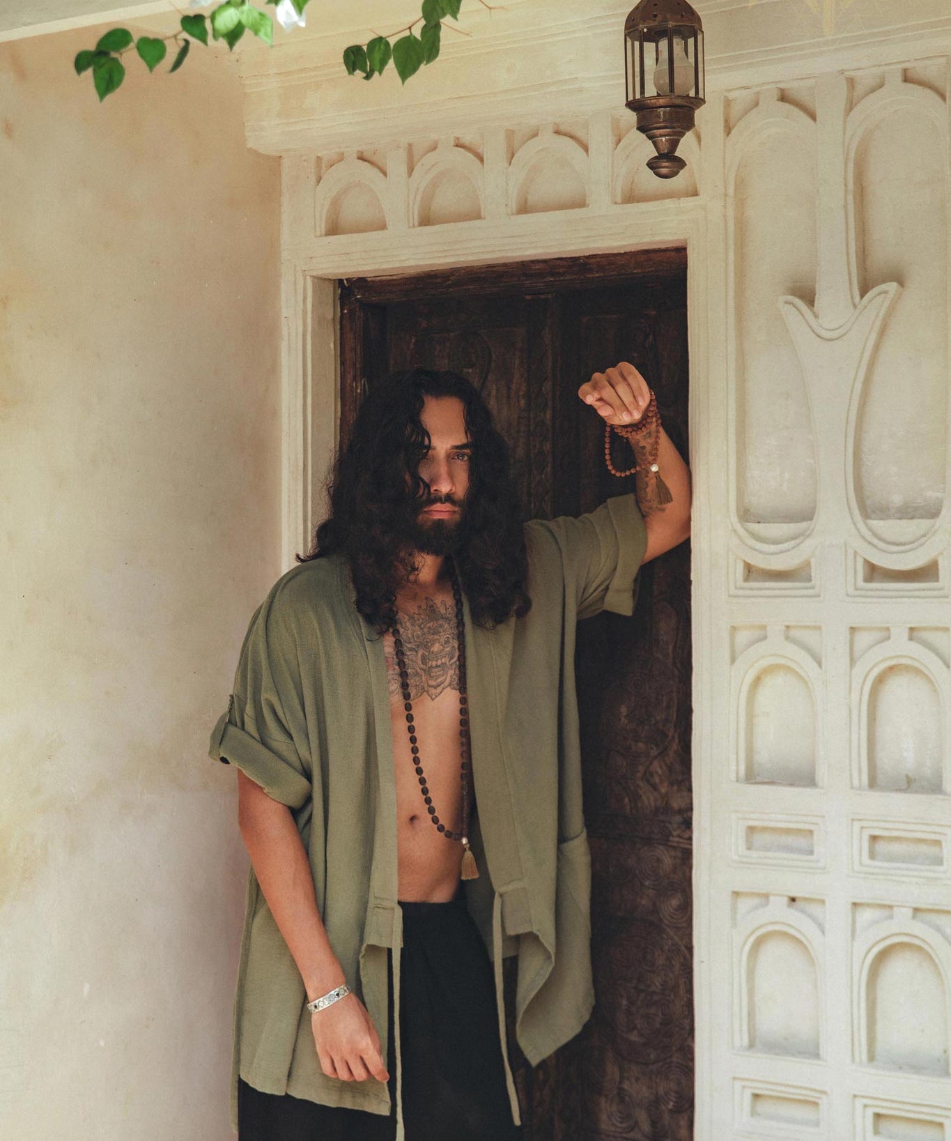 Sage Green Tribal Kimono Robe for Men - AYA SW IDR
