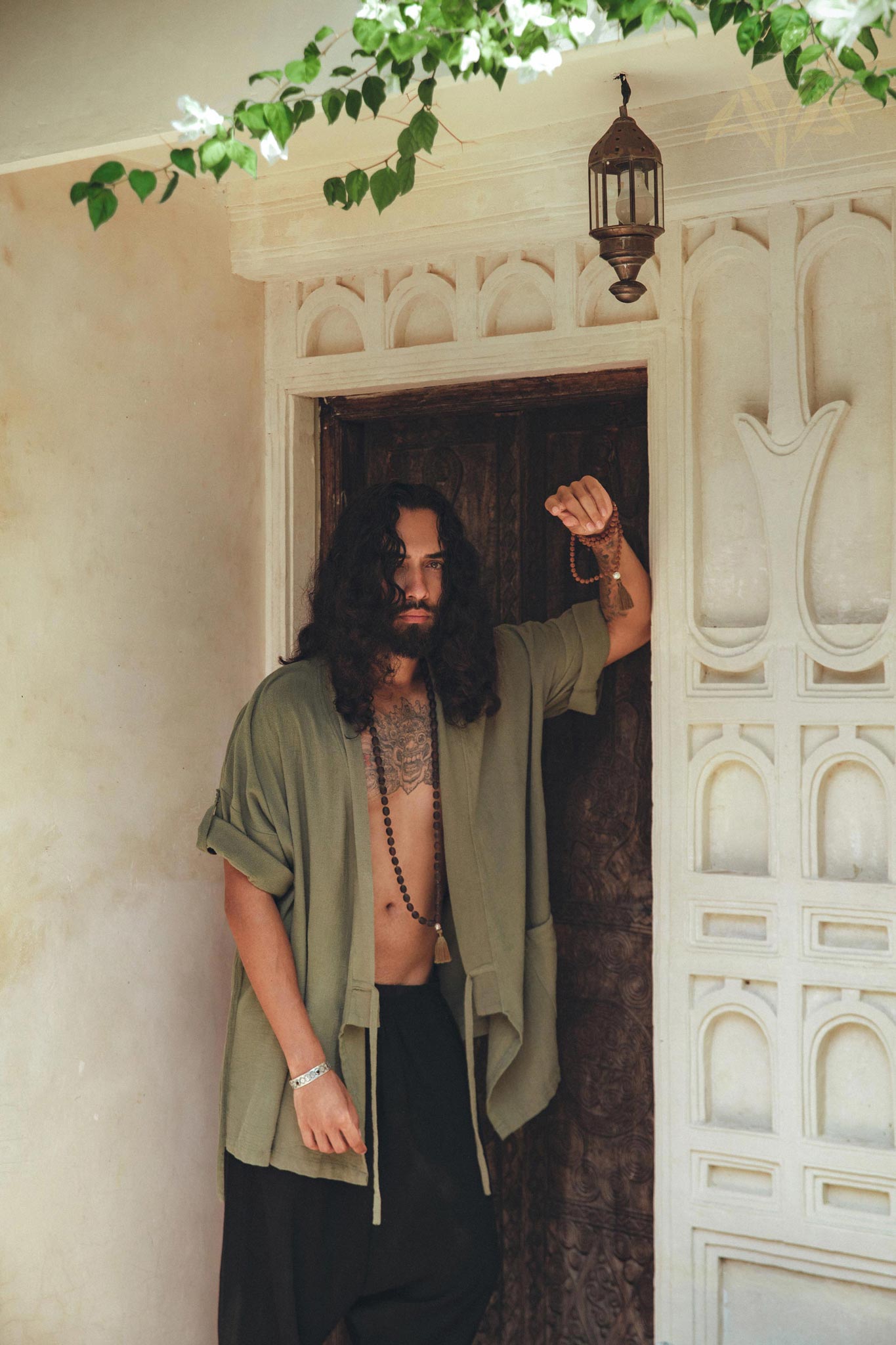 Sage Green Tribal Kimono Robe for Men - AYA SW IDR