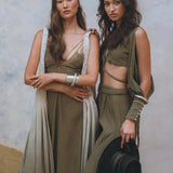 Get a trendy boho look with Aya Sacred Wear's Sage Green Crop Top and Pants.