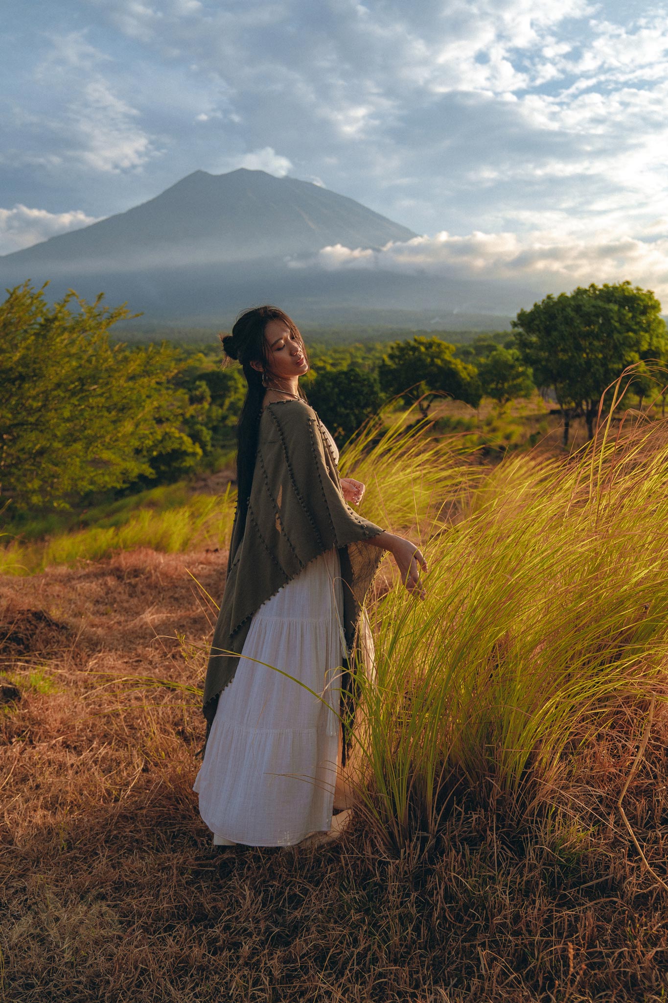 Olive Green Poncho Robe for Women, Boho Kimono Overcoat, Prom Cover Up - AYA Sacred Wear