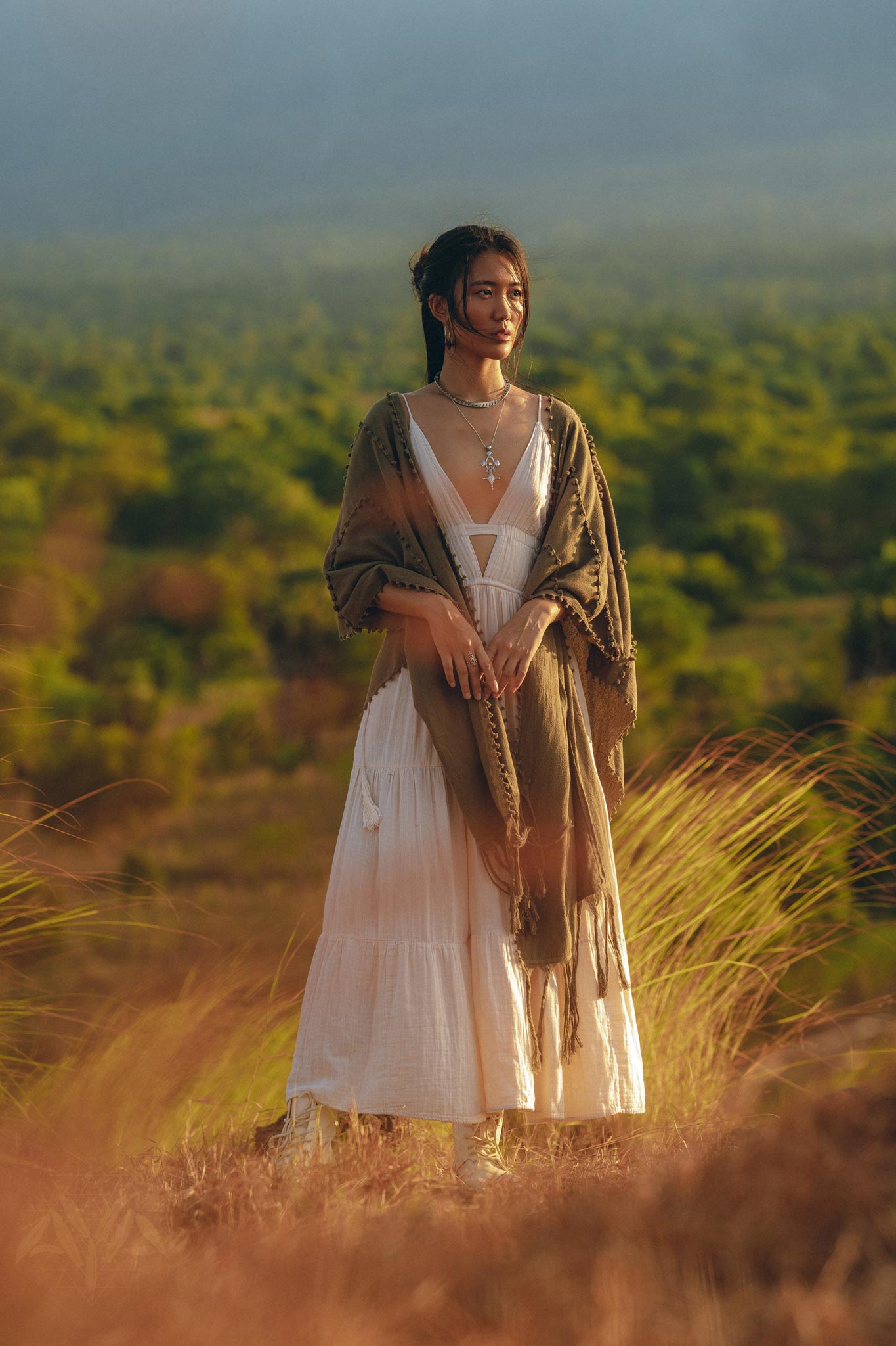 Olive Green Poncho Robe for Women, Boho Kimono Overcoat, Prom Cover Up - AYA Sacred Wear