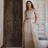 Sustainably Dyed Organic Linen Maxi Dress with open sides - A unique Sage Green Goddess Dress for summer celebrations, tailored for comfort.