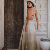 Stunning Sage Green Ombre Party Dress - Grey Greek Style, featuring open back and shoulders, sustainably dyed with rare colors from organic linen.