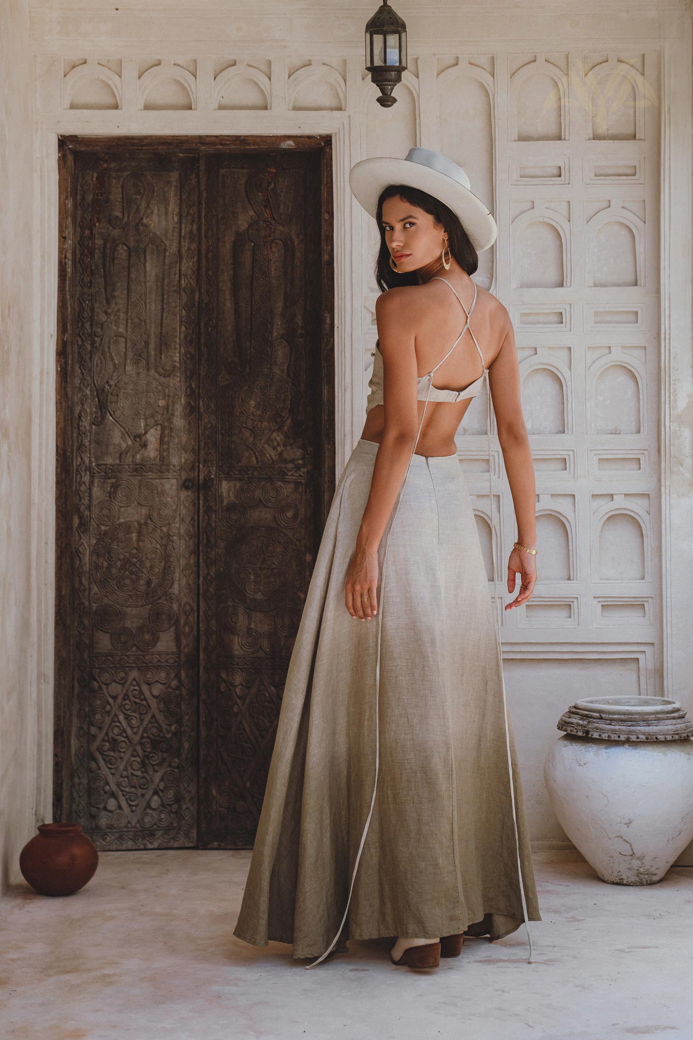 Stunning Sage Green Ombre Party Dress - Grey Greek Style, featuring open back and shoulders, sustainably dyed with rare colors from organic linen.