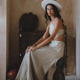 Sage Green Goddess Maxi Dress with Bohemian flair - Open sides, Grey Greek style, made from breathable handwoven linen with a unique ombré effect.