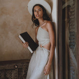 Bohemian Sexy Dress in Sage Green - Organic Linen Maxi with open sides, ideal for bridesmaids or parties, uniquely dyed for an elegant appearance