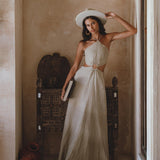 Goddess Dress in Sage Green and Grey Greek style - Organic Linen with open sides and back, sustainably dyed, perfect for summer elegance.