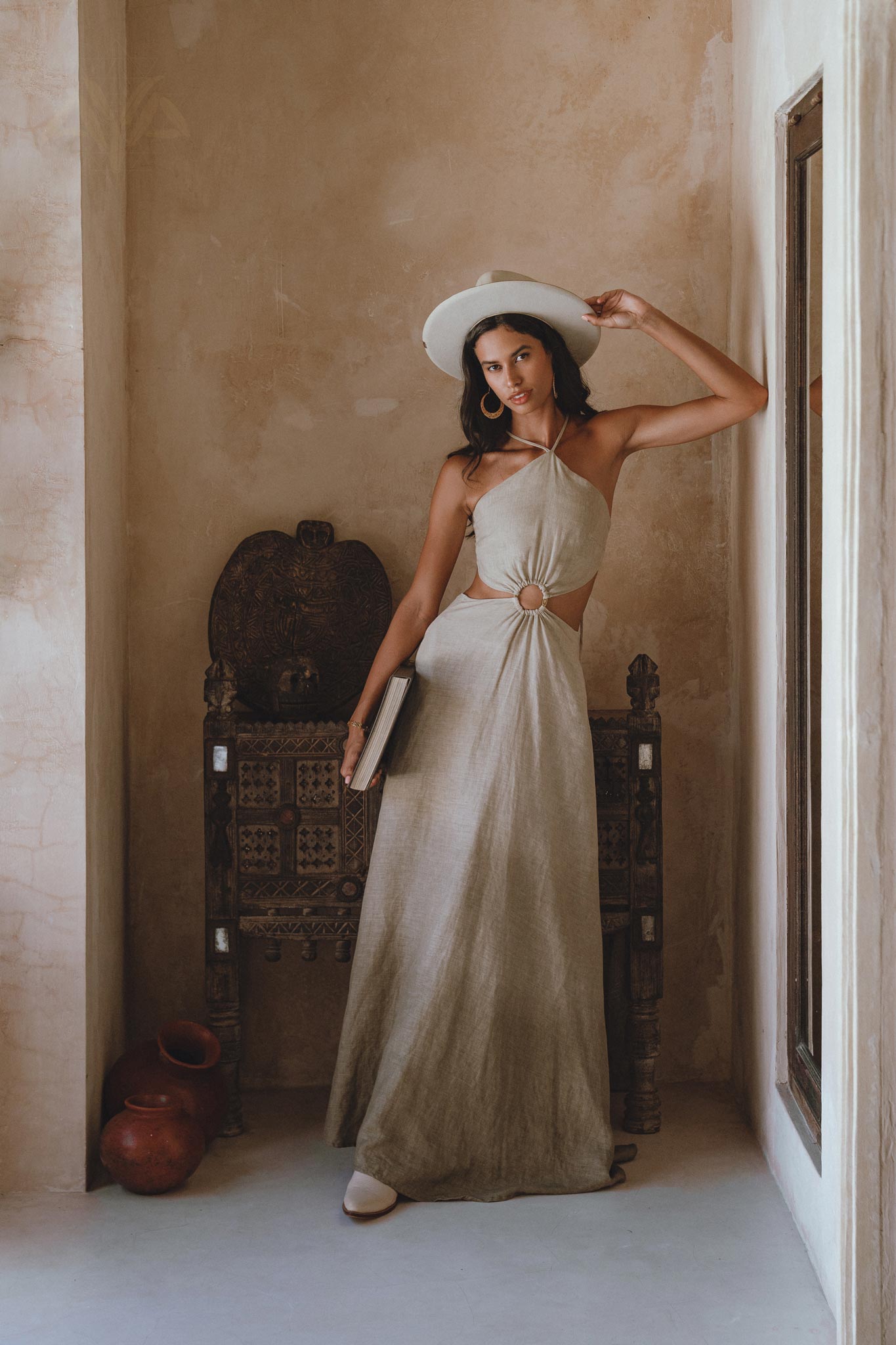 Goddess Dress in Sage Green and Grey Greek style - Organic Linen with open sides and back, sustainably dyed, perfect for summer elegance.