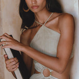 Sexy Bohemian Maxi Dress in Sage Green - Open sides, Grey Greek inspired, made from sustainably dyed organic linen for comfortable everyday wear.