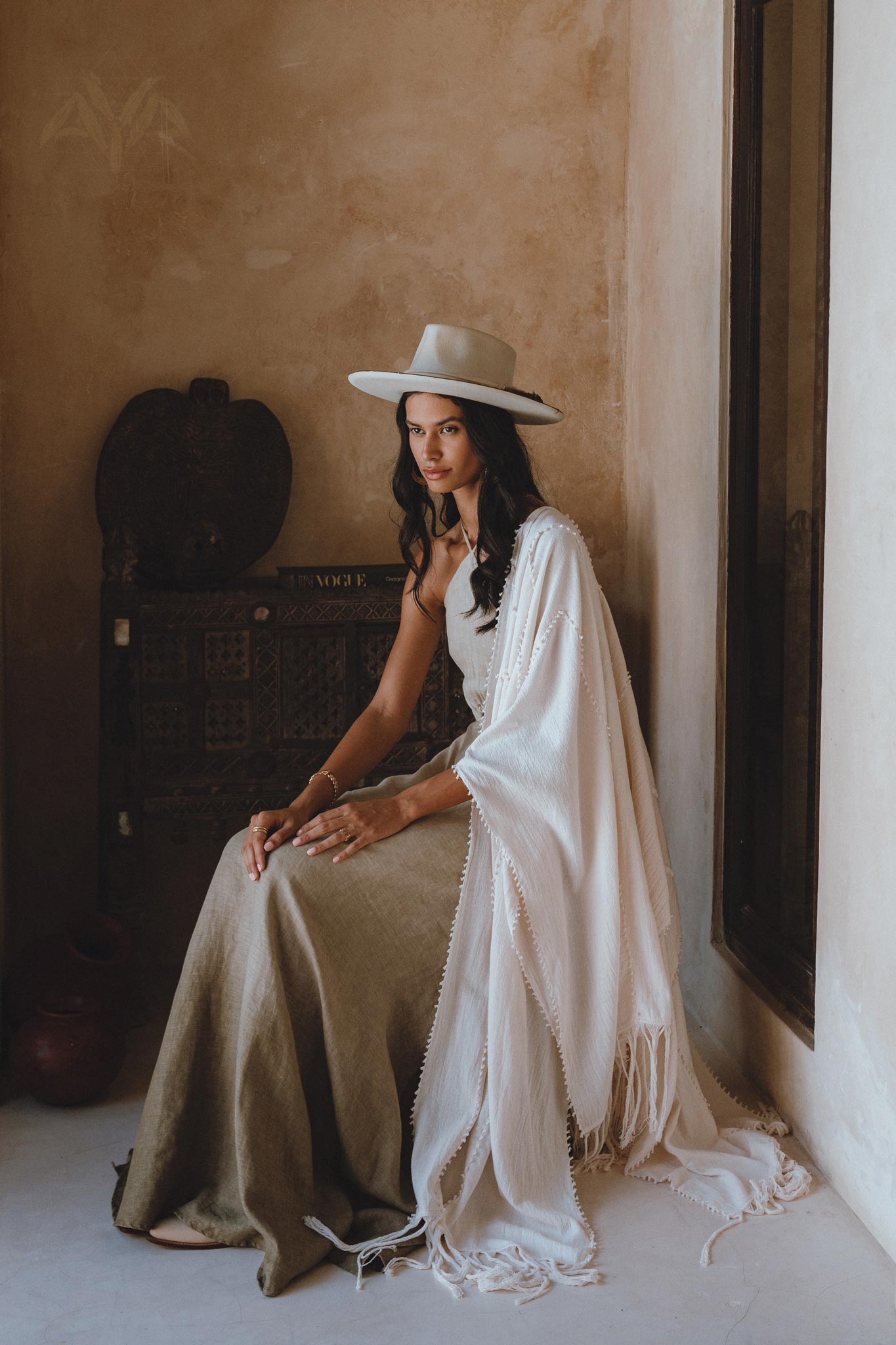 Ombre Party Dress in Sage Green and Grey - Unique Goddess style with open back and sides, made from breathable organic linen, tailored to fit and comfort.