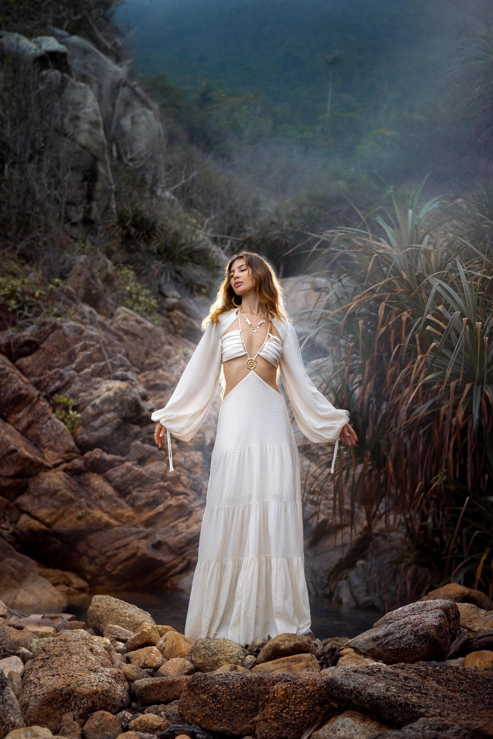 Samudra Dress in Ivory Colour – Organic Bohemian Garment • Boho Dresses for Women Goddess Wedding Gown • Open Belly Sides Back Clothes - AYA SW IDR