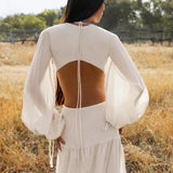 Samudra Dress in Ivory Colour – Organic Bohemian Garment • Boho Dresses for Women Goddess Wedding Gown • Open Belly Sides Back Clothes - AYA SW IDR
