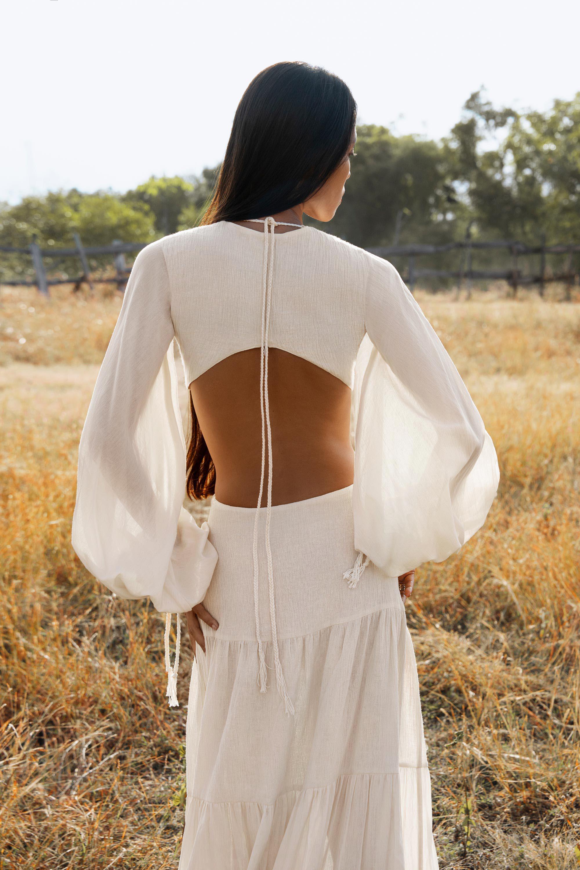 Samudra Dress in Ivory Colour – Organic Bohemian Garment • Boho Dresses for Women Goddess Wedding Gown • Open Belly Sides Back Clothes - AYA SW IDR