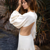 Samudra Dress in Ivory Colour – Organic Bohemian Garment • Boho Dresses for Women Goddess Wedding Gown • Open Belly Sides Back Clothes - AYA SW IDR