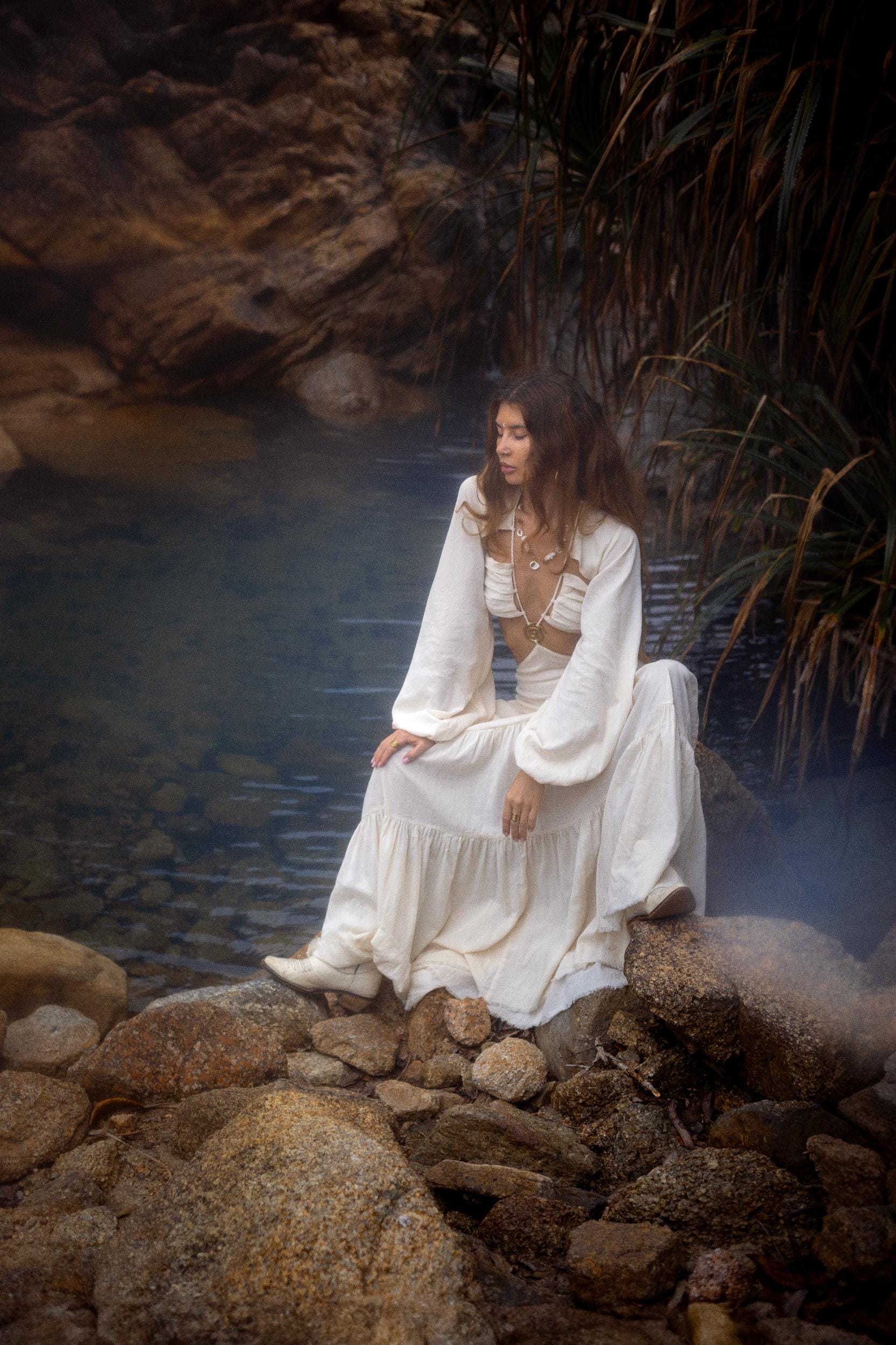 Samudra Dress in Ivory Colour – Organic Bohemian Garment • Boho Dresses for Women Goddess Wedding Gown • Open Belly Sides Back Clothes - AYA SW IDR
