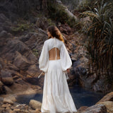 Samudra Dress in Ivory Colour – Organic Bohemian Garment • Boho Dresses for Women Goddess Wedding Gown • Open Belly Sides Back Clothes - AYA SW IDR