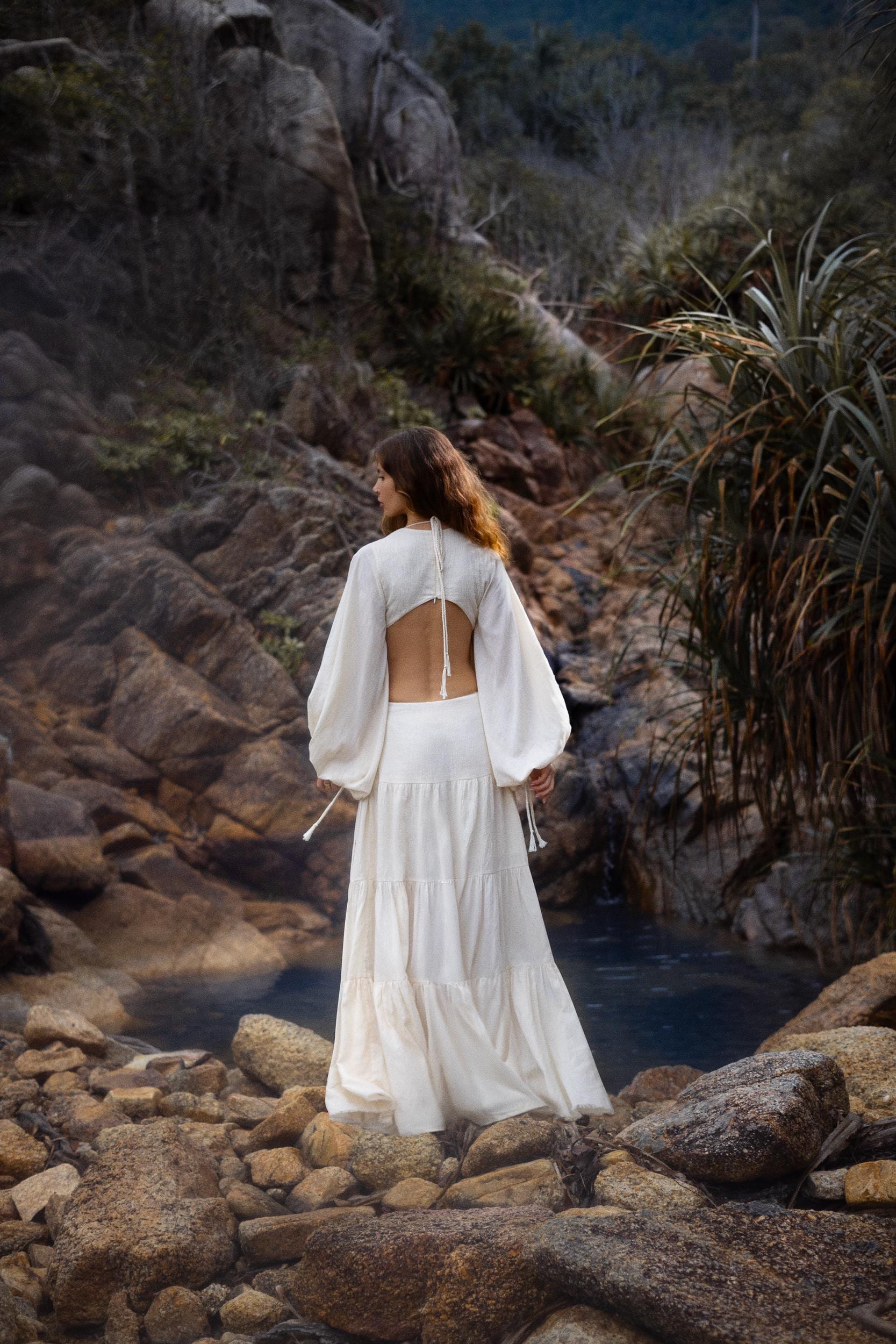 Samudra Dress in Ivory Colour – Organic Bohemian Garment • Boho Dresses for Women Goddess Wedding Gown • Open Belly Sides Back Clothes - AYA SW IDR