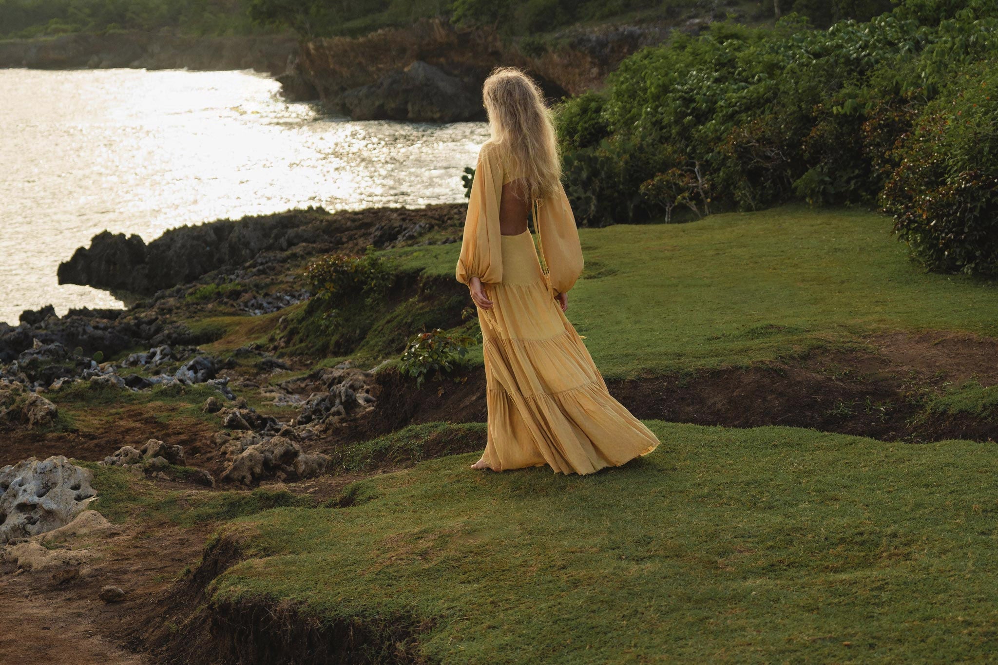 Samudra Dress in Saffron Gold Colour – Organic Backless Boho Maxi Dress - AYA SW IDR