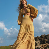 Samudra Dress in Saffron Gold Colour – Organic Backless Boho Maxi Dress - AYA SW IDR