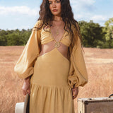 Samudra Dress in Saffron Gold Colour – Organic Backless Boho Maxi Dress - AYA SW IDR