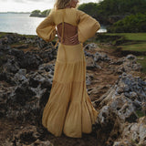 Samudra Dress in Saffron Gold Colour – Organic Backless Boho Maxi Dress - AYA SW IDR