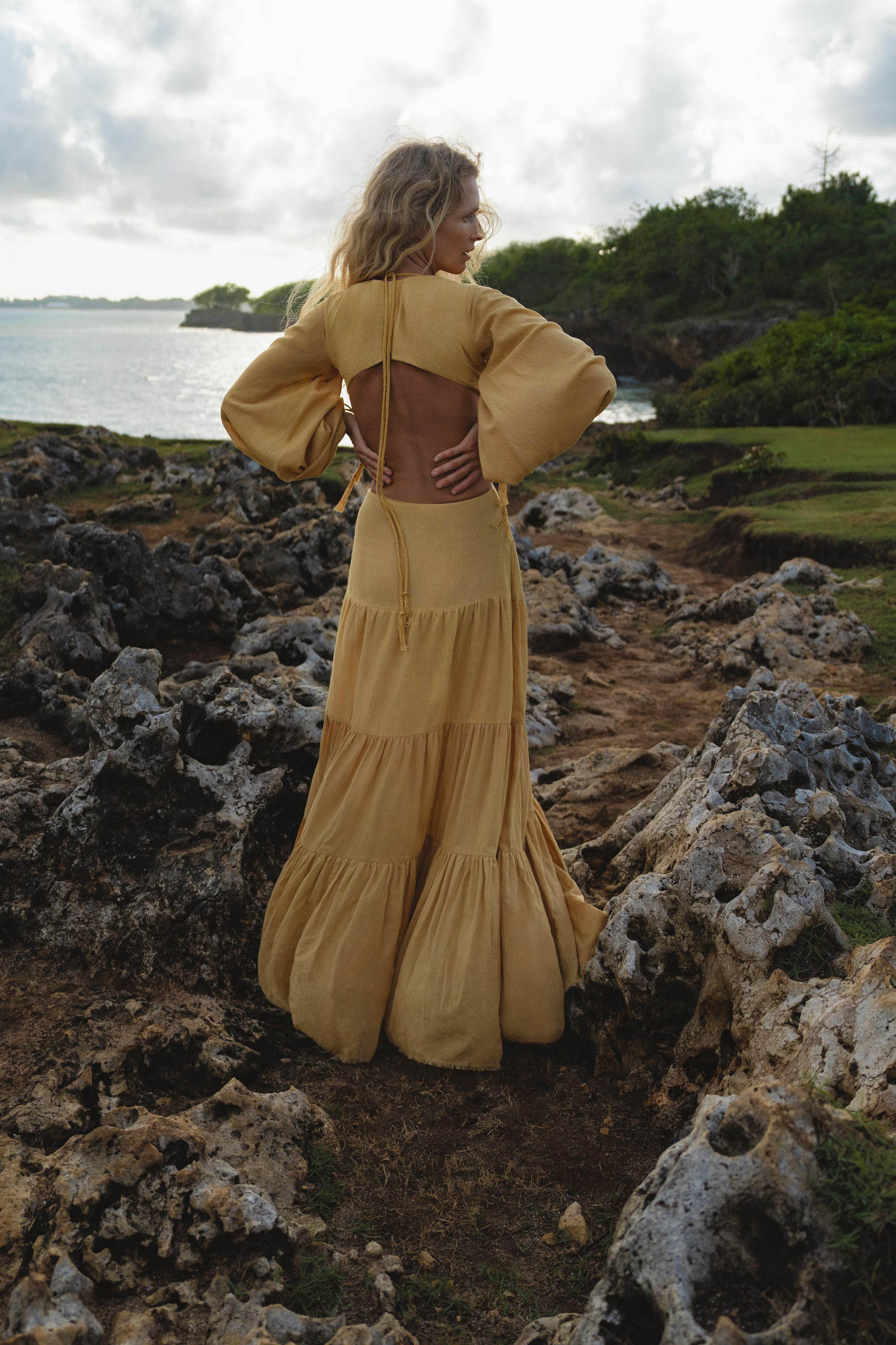 Samudra Dress in Saffron Gold Colour – Organic Backless Boho Maxi Dress - AYA SW IDR