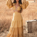 Samudra Dress in Saffron Gold Colour – Organic Backless Boho Maxi Dress - AYA SW IDR
