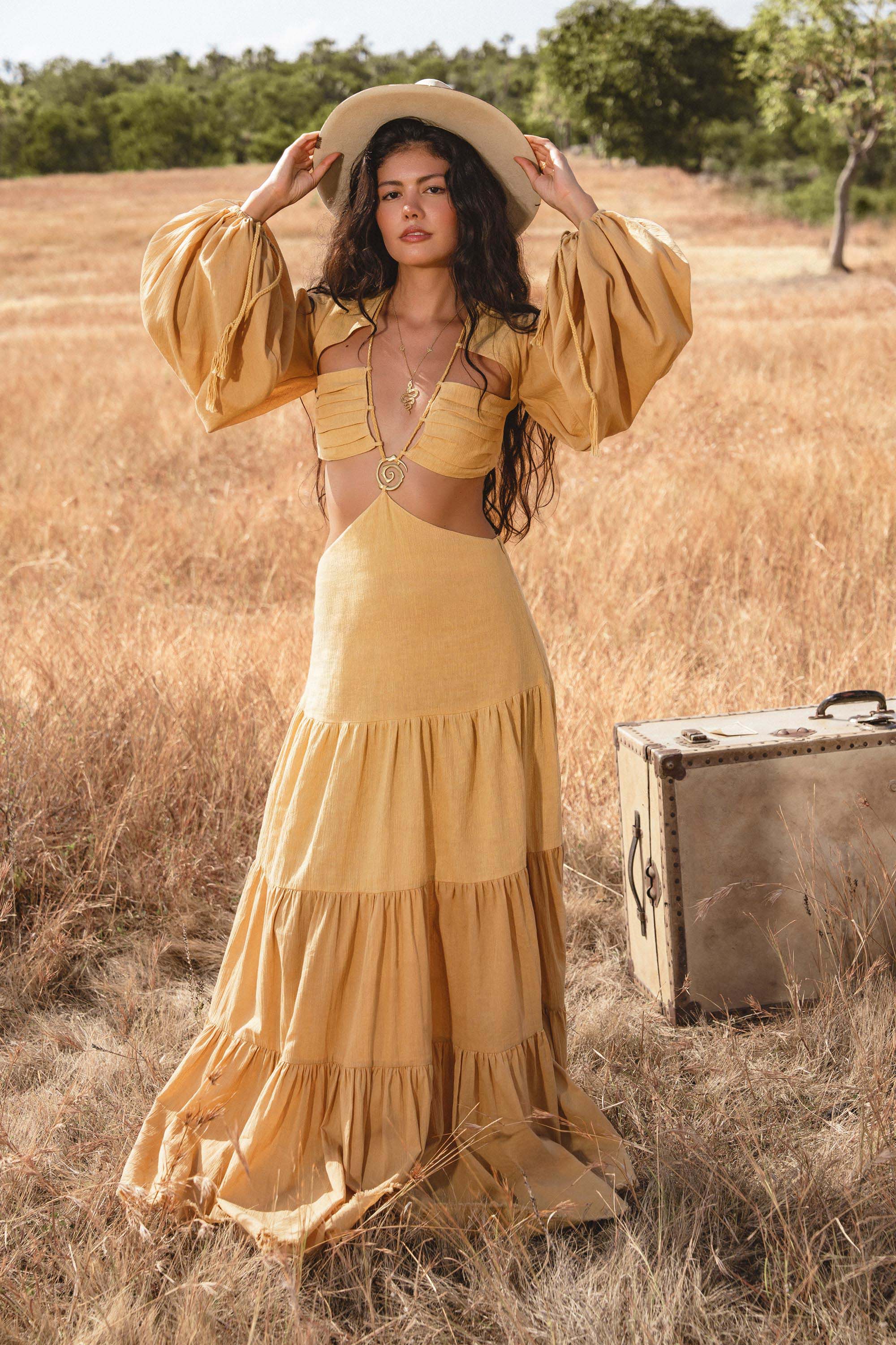 Samudra Dress in Saffron Gold Colour – Organic Backless Boho Maxi Dress - AYA SW IDR