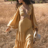 Samudra Dress in Saffron Gold Colour – Organic Backless Boho Maxi Dress - AYA SW IDR