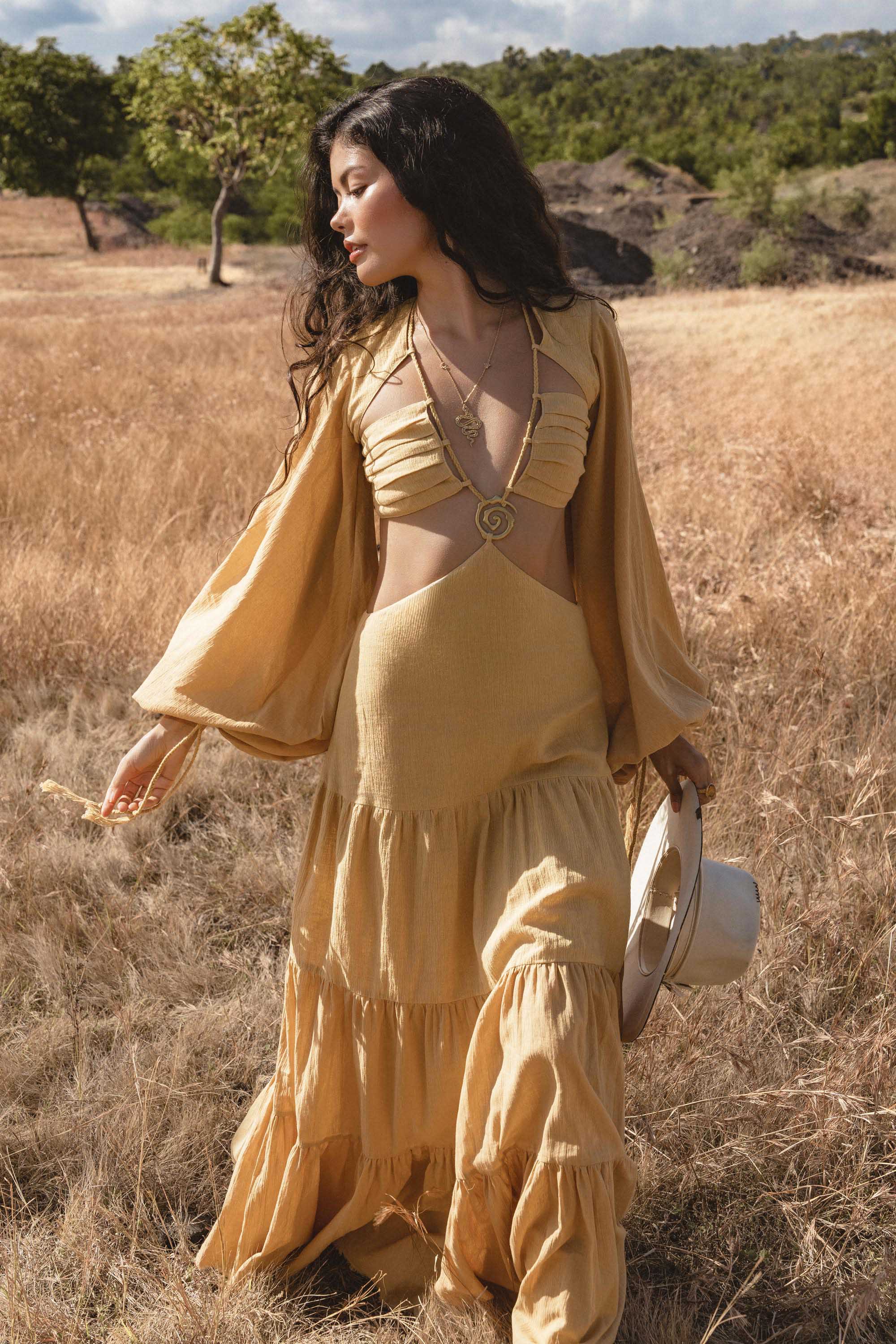 Samudra Dress in Saffron Gold Colour – Organic Backless Boho Maxi Dress - AYA SW IDR