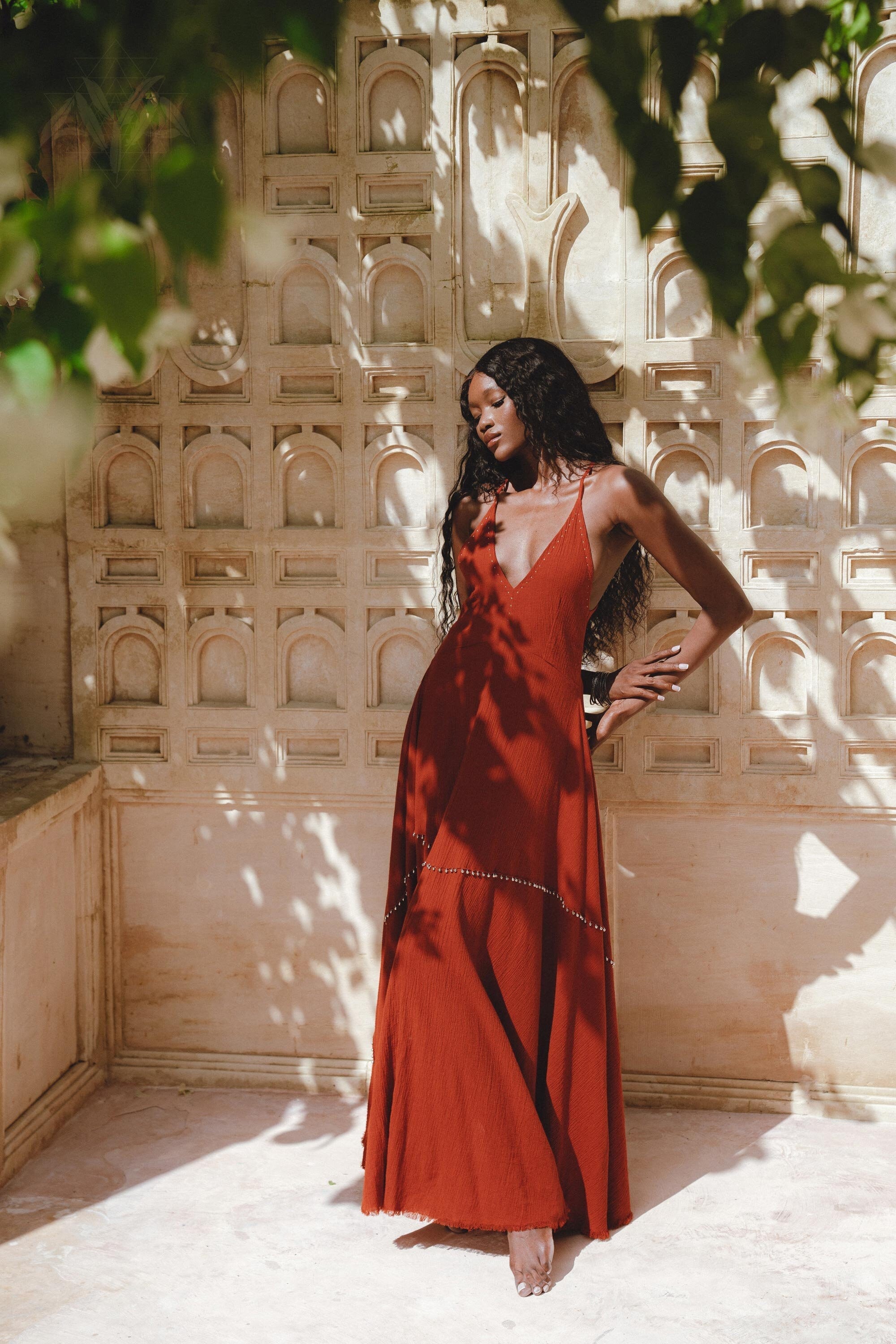 Shakti Dress • Red Boho Jingle Bells Dress • Sexy Open Neckline Dress - AYA SW IDR