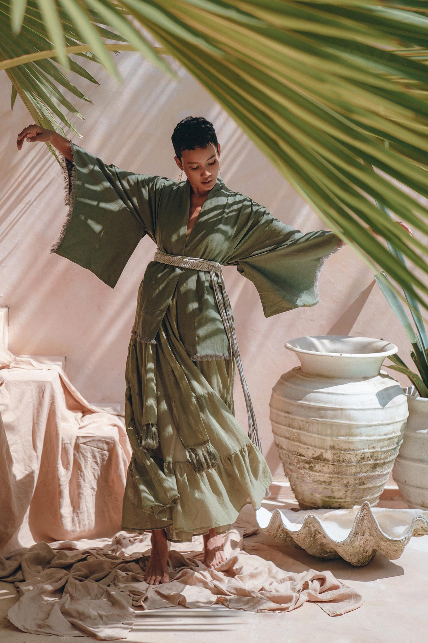 Short Linen Kimono Wrap with Belt • Bohemian Kimono Jacket For Women - AYA SW IDR