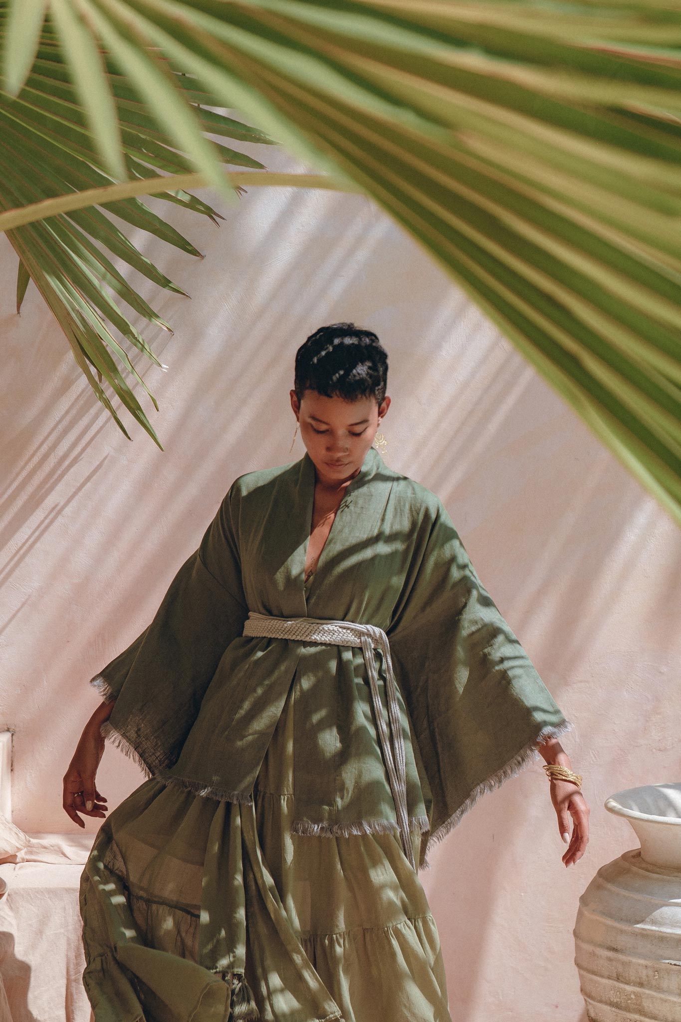 Short Linen Kimono Wrap with Belt • Bohemian Kimono Jacket For Women - AYA SW IDR