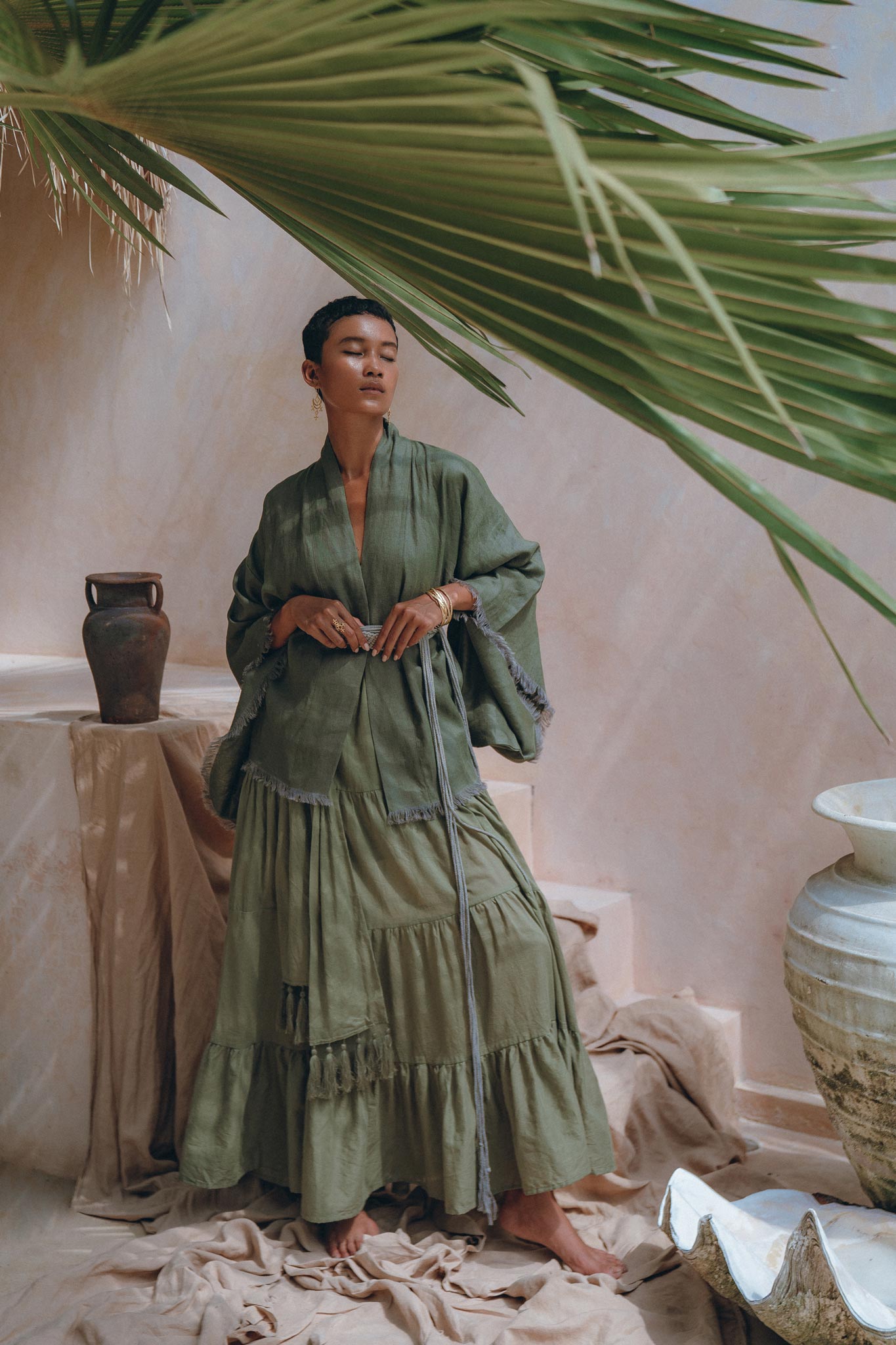 Short Linen Kimono Wrap with Belt • Bohemian Kimono Jacket For Women - AYA SW IDR