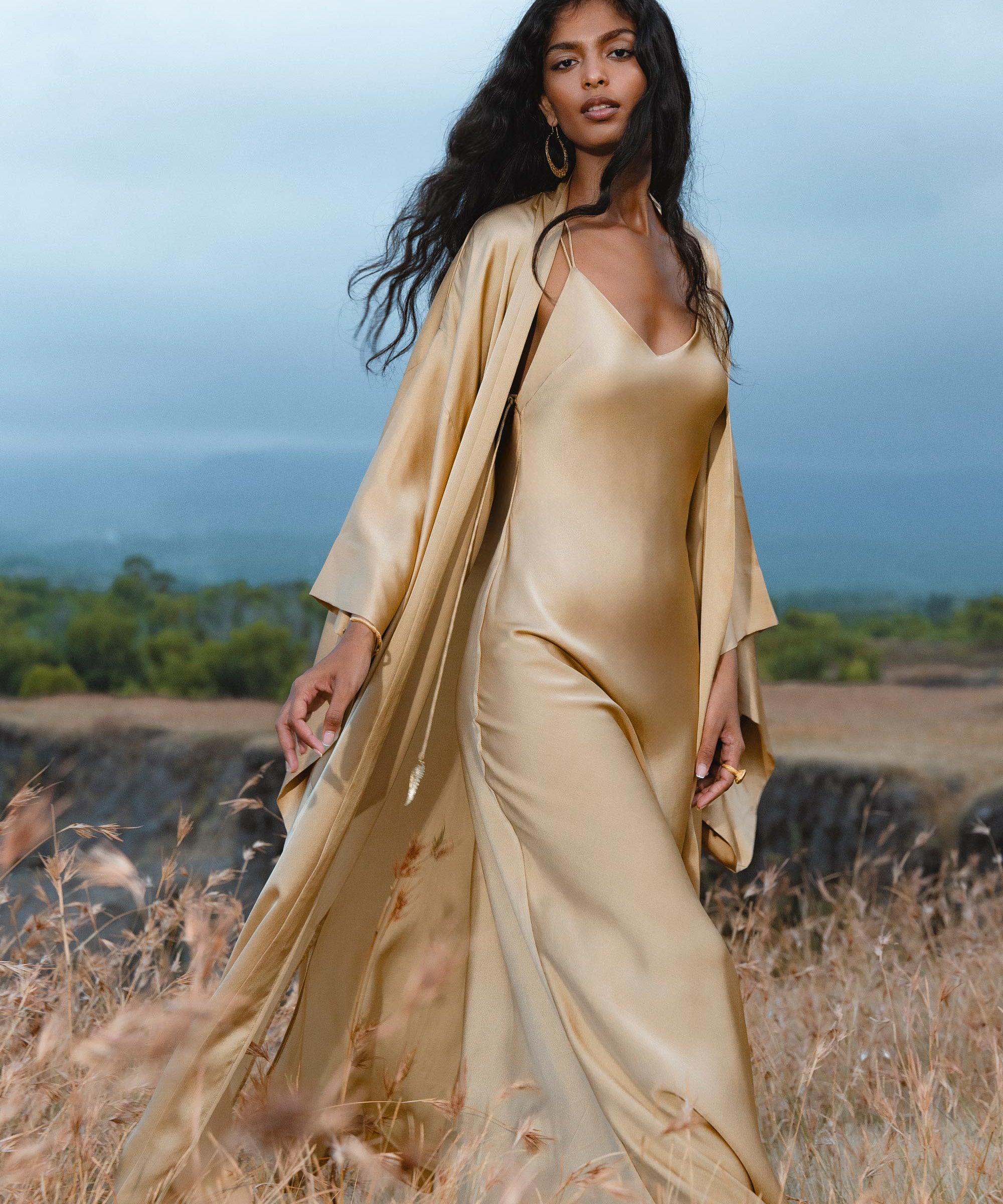 Silk Kimono Robe in Inka Gold — Relaxed Bohemian Cardigan - AYA SW IDR