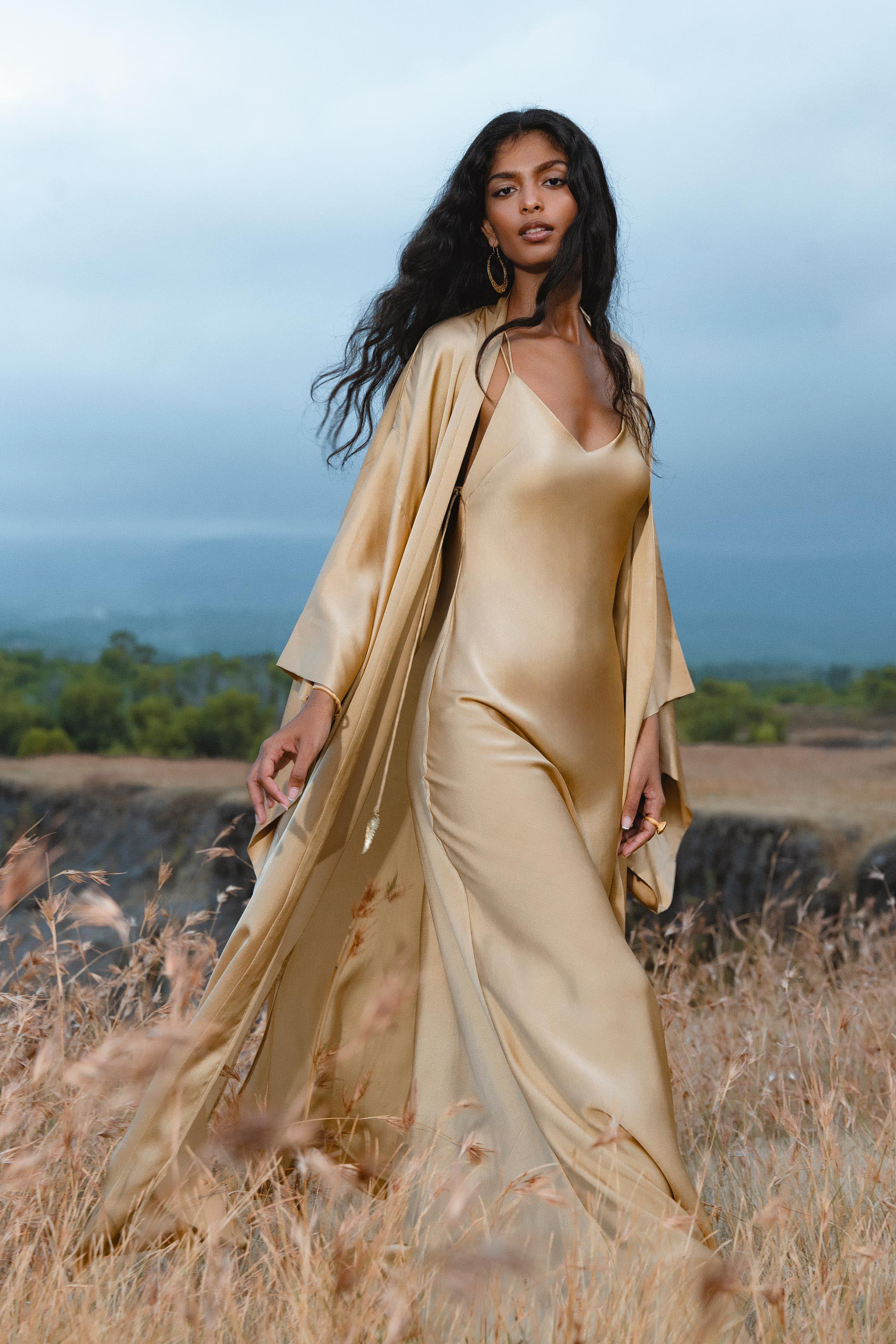 Silk Kimono Robe in Inka Gold — Relaxed Bohemian Cardigan - AYA SW IDR