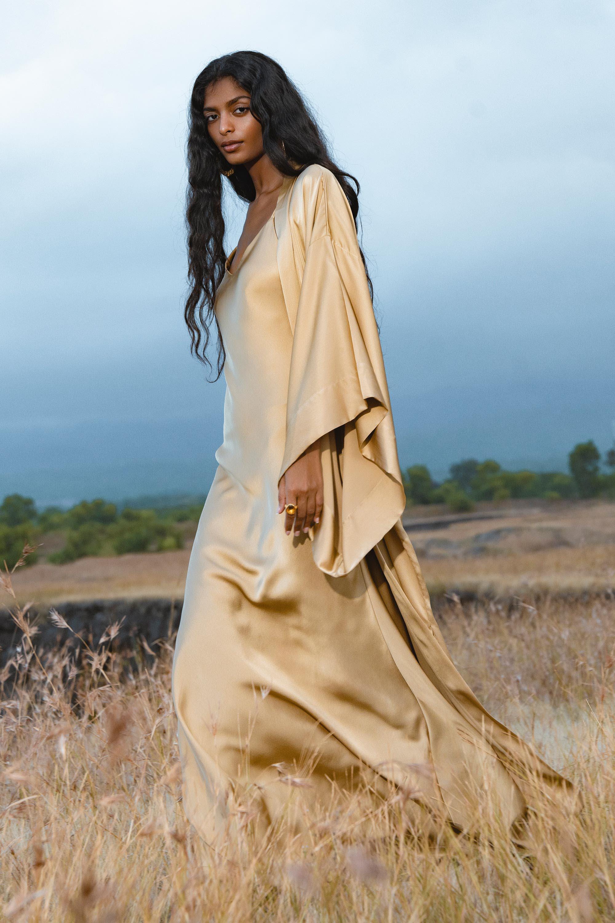 Silk Kimono Robe in Inka Gold — Relaxed Bohemian Cardigan - AYA SW IDR