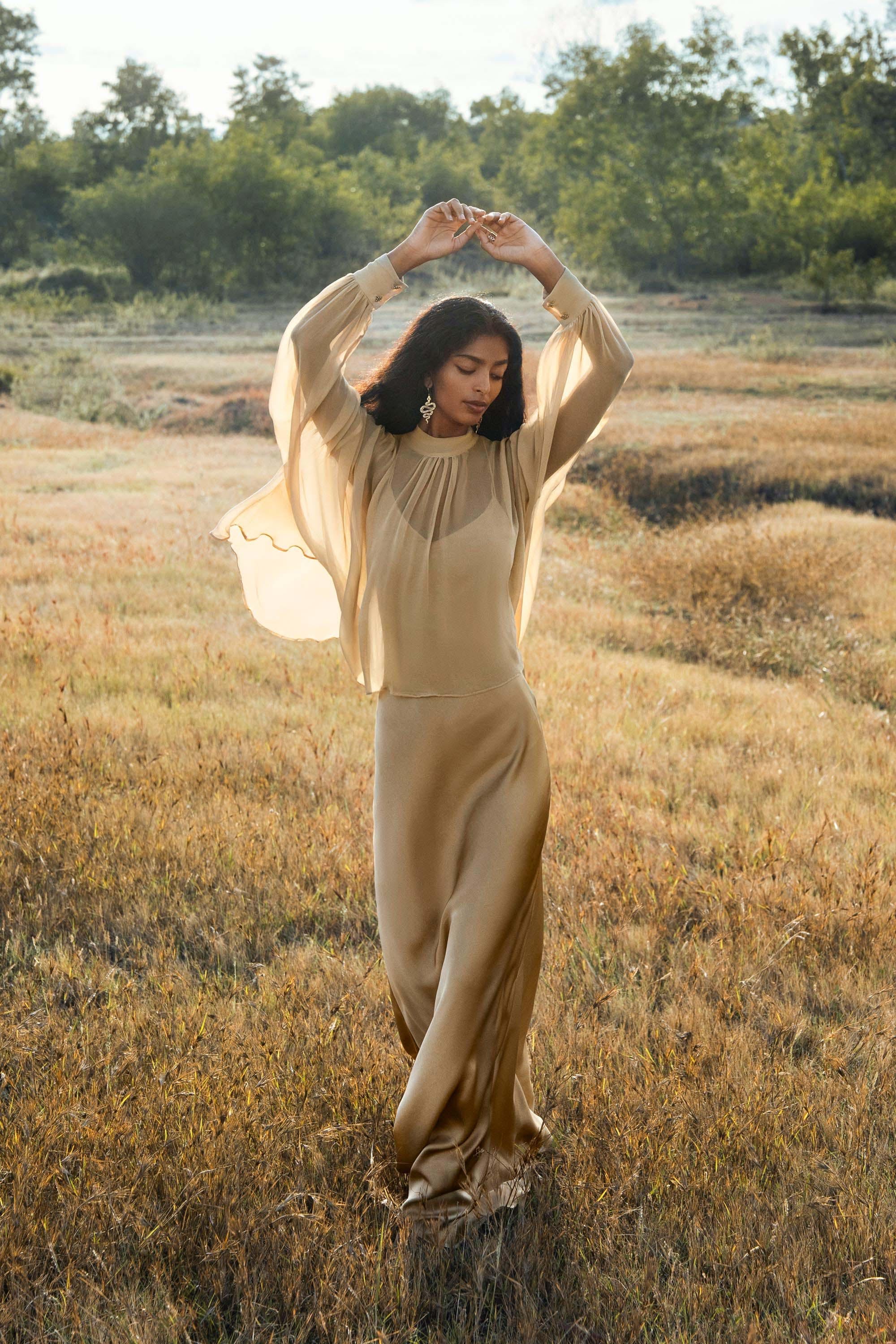 Silk SIip Dress in Inka Gold Colour — Backless Boho Bridesmaid Evening Gown - AYA SW IDR