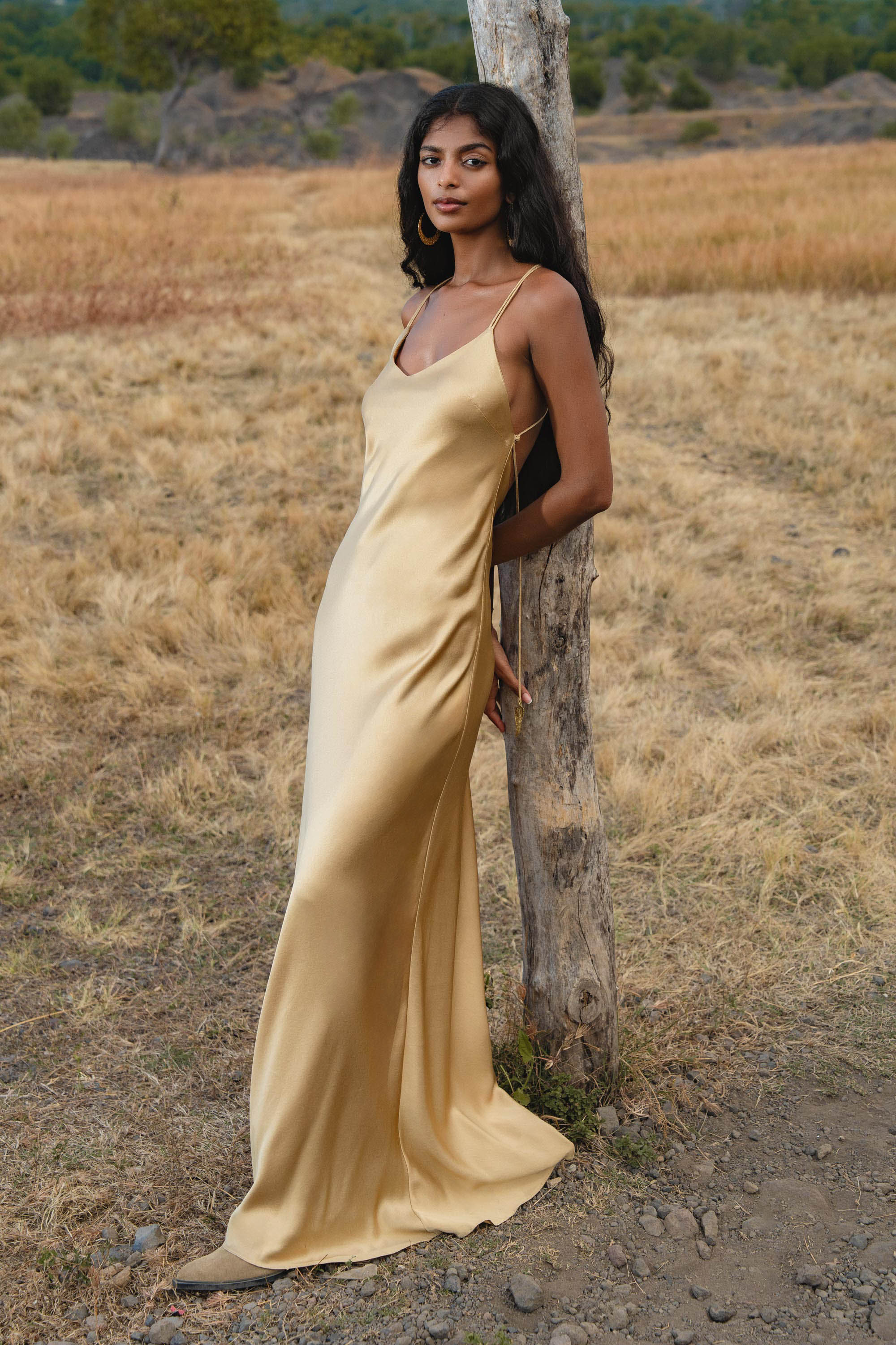 Silk SIip Dress in Inka Gold Colour — Backless Boho Bridesmaid Evening Gown - AYA SW IDR