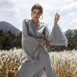 Sky Blue Boho Top • Bohemian Wrap • Organic Top Women • Wide Sleeve Wrap Top - AYA SW IDR
