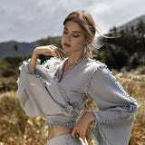 Sky Blue Boho Top • Bohemian Wrap • Organic Top Women • Wide Sleeve Wrap Top - AYA SW IDR