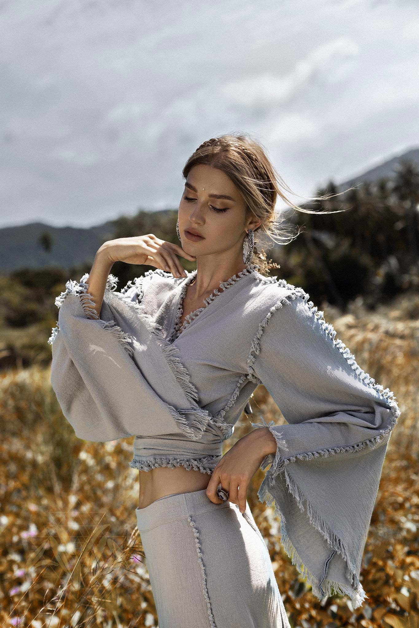 Sky Blue Boho Top • Bohemian Wrap • Organic Top Women • Wide Sleeve Wrap Top - AYA SW IDR