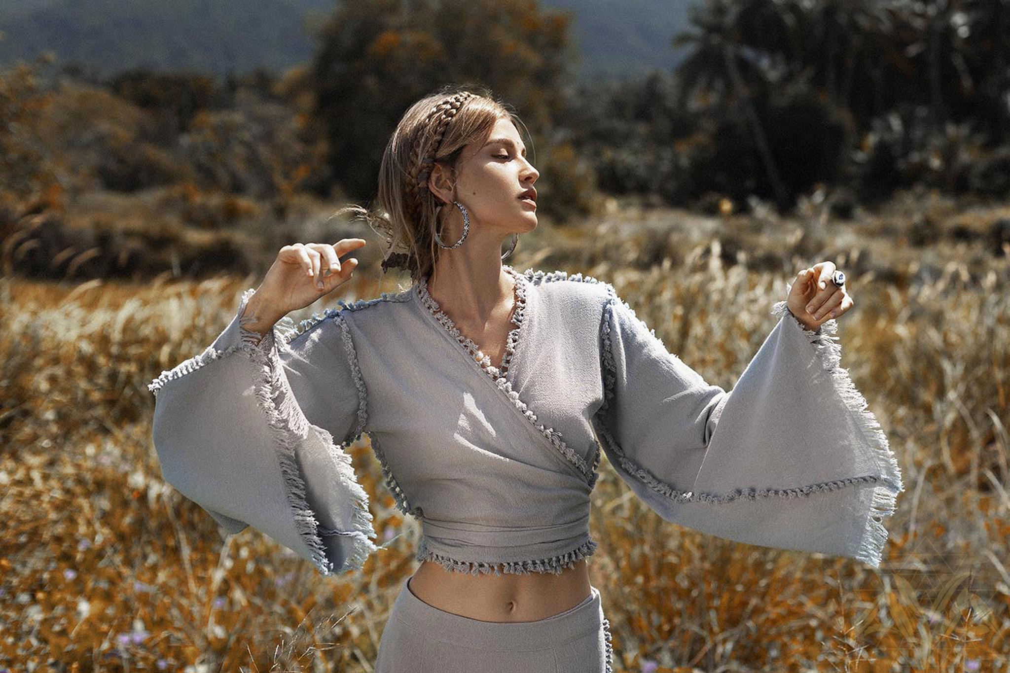 Sky Blue Boho Top • Bohemian Wrap • Organic Top Women • Wide Sleeve Wrap Top - AYA SW IDR