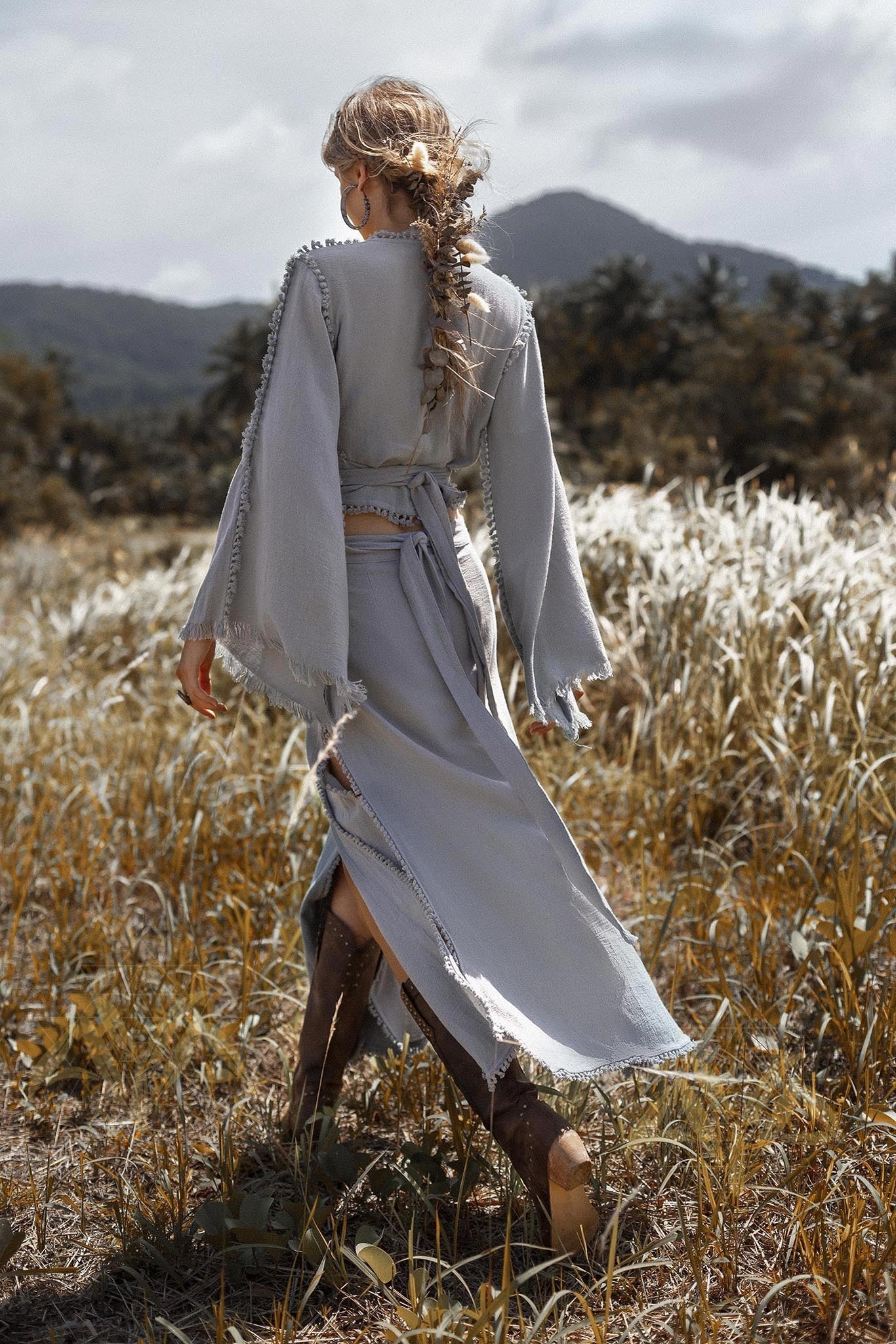 Sky Blue Boho Top • Bohemian Wrap • Organic Top Women • Wide Sleeve Wrap Top - AYA SW IDR