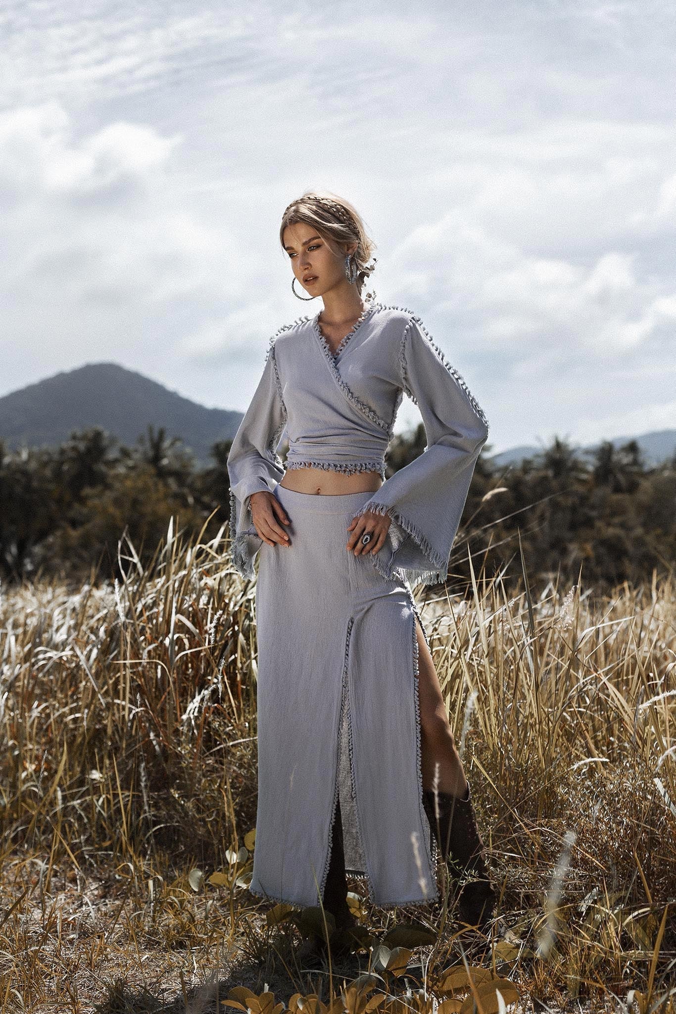 Sky Blue Boho Top • Bohemian Wrap • Organic Top Women • Wide Sleeve Wrap Top - AYA SW IDR