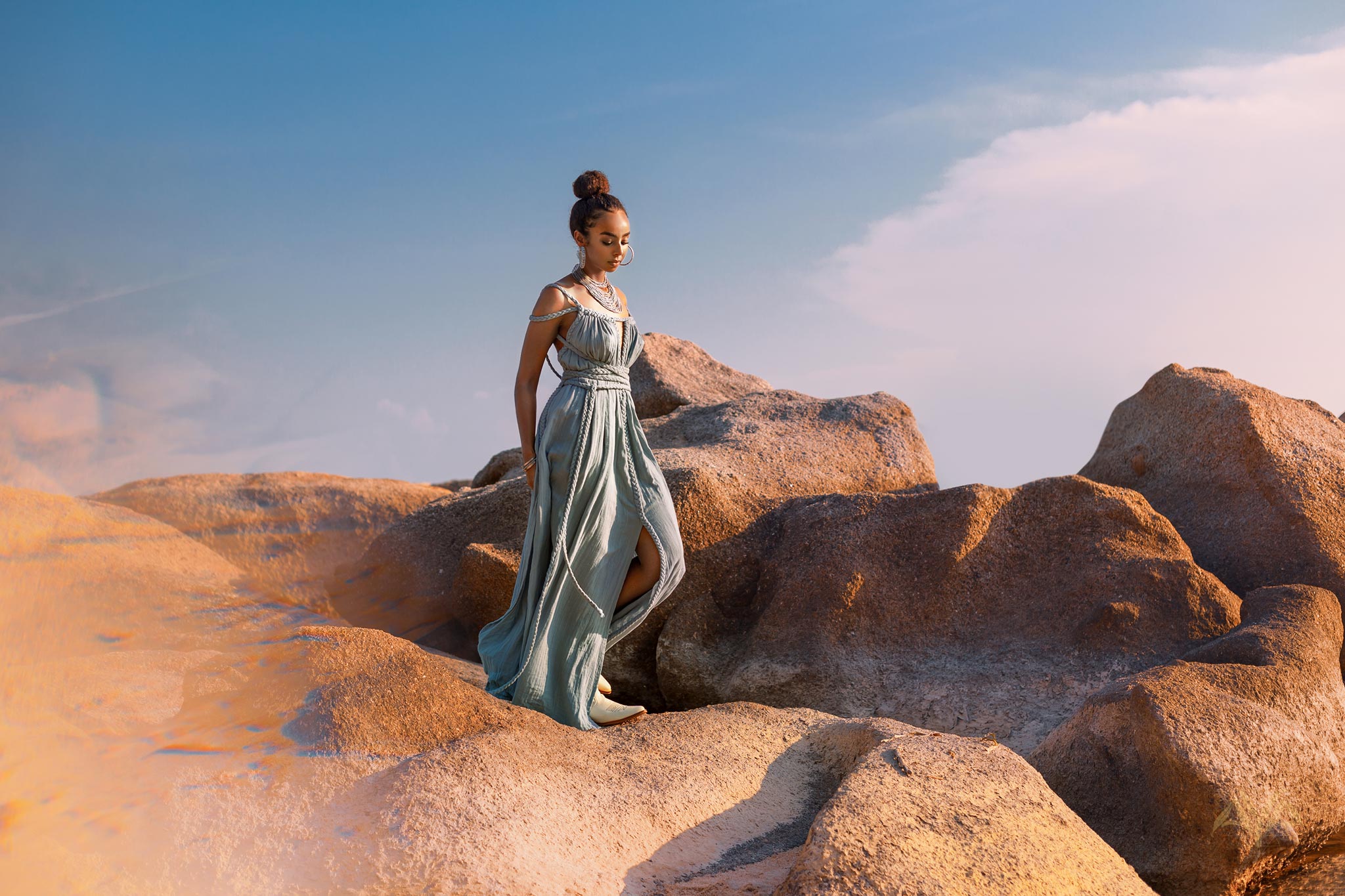 Sky Blue Greek Goddess Prom Boho Dress - AYA SW IDR