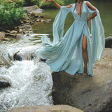 Sky Blue Makosh Goddess Dress • Light Cotton Formal Wrap Dress • Boho Maxi Dress - AYA SW IDR